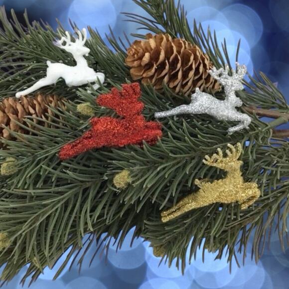 10 Reindeer Ornaments White Leaping Mini Tree Christmas Tree Glitter - Picture 3 of 3